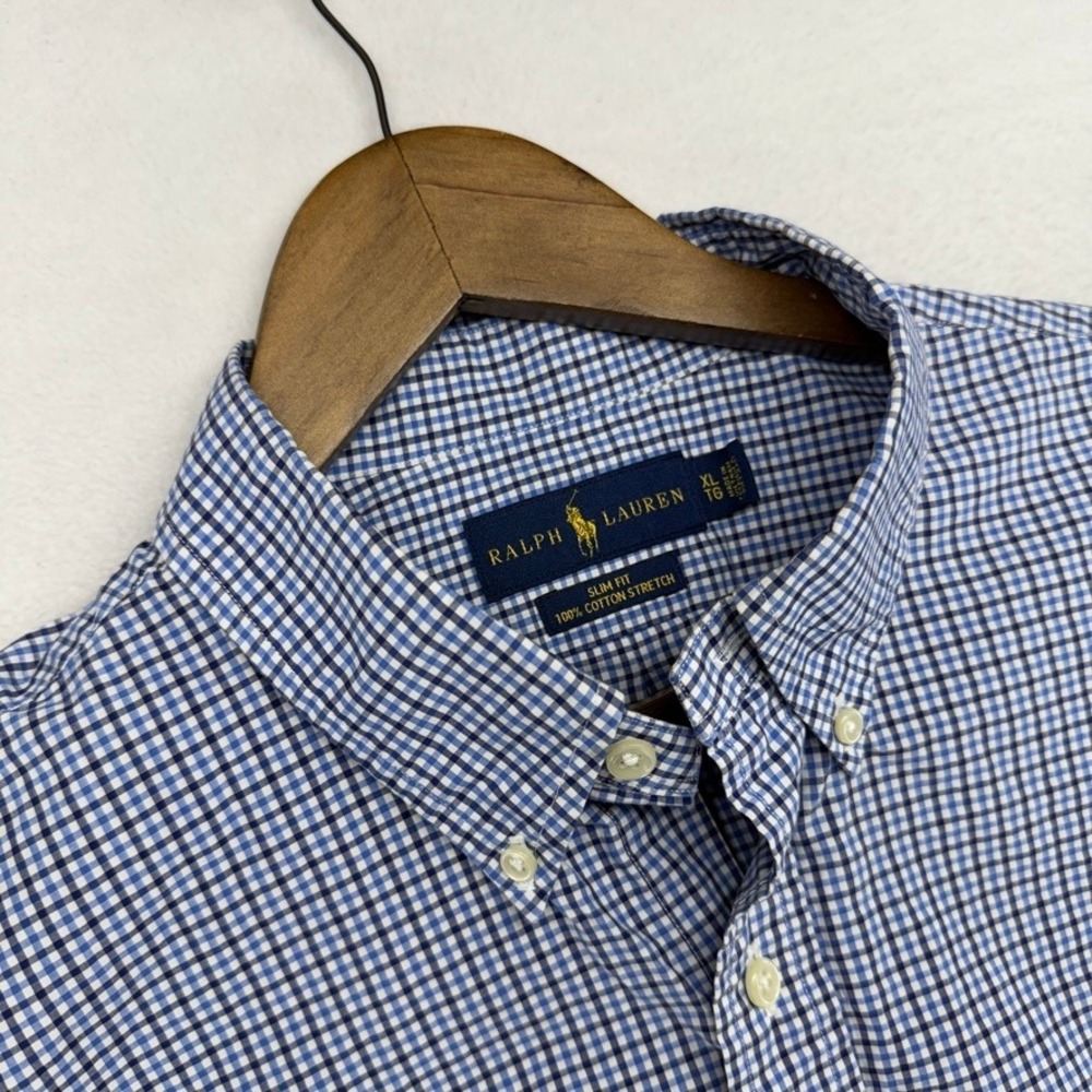 Ralph Lauren Button Down Shirt Mens XL Blue Gingham Slim Stretch Oxford Preppy